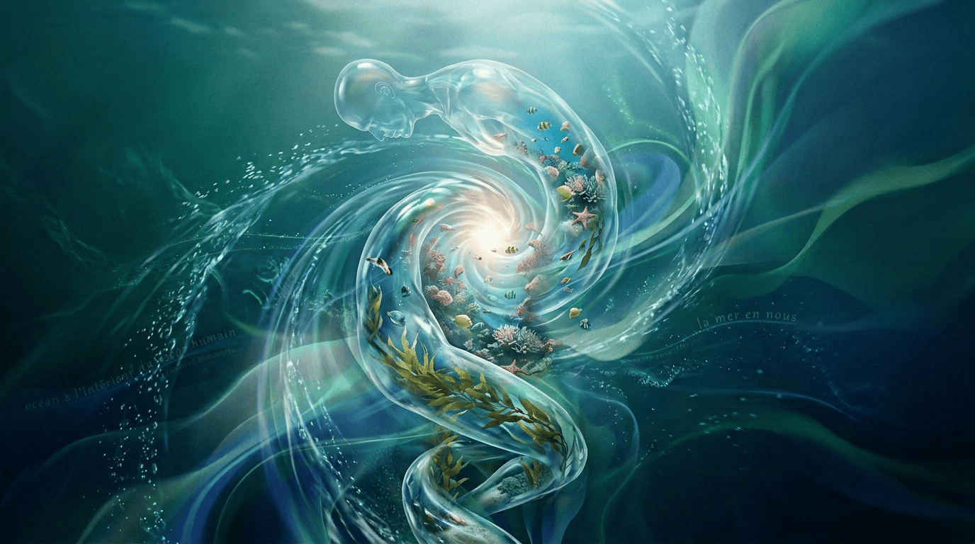 Abstract human figure surrounded by flowing teal, blue, and green ribbons
