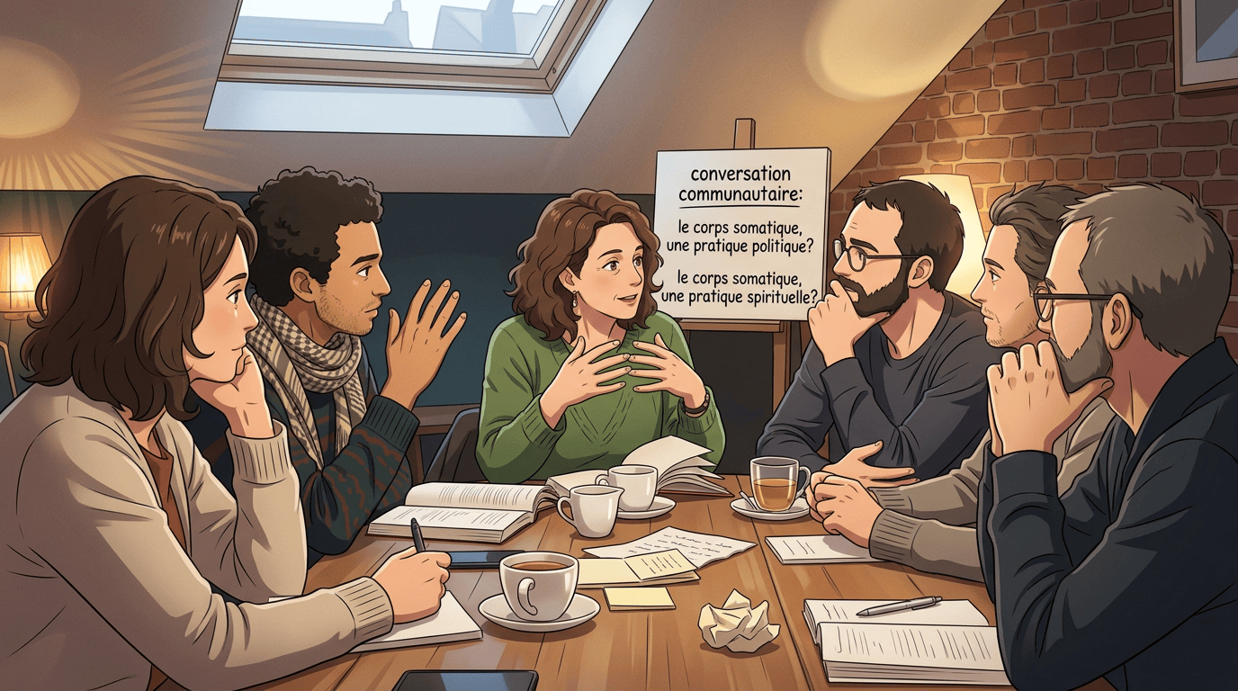 Six adults discuss around a table beneath a sign reading “LE CORPS EST-IL POLITIQUE ET/OU SPIRITUEL?”